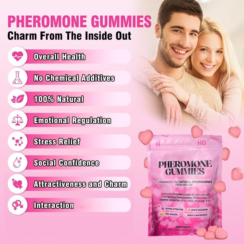 Pheromone Gummies with Slippery Elm, for Women,Enhance Charm,Supports Balance,Confidence & Social Vibe,Vegan,Non-GMO,Gluten-Free,Strawberry Flavor,Enhances Your Natural Pheromones From Within, 60 Count Mixed Berry Flavor