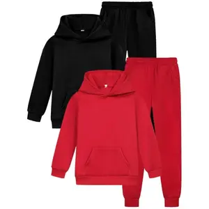 Casual hooded sweatsuit set for kids – 2-pack solid-color polyester sportswear with pockets, slight stretch fabric, regular fit fall/winter apparel for ages 3+ – comfortable knit jogger and sweatshirt combo for outdoor wear