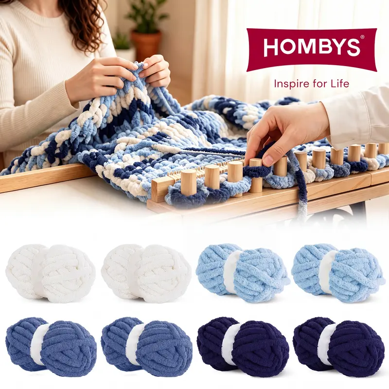 HOMBYS Jumbo Chunky Chenille Velvet Soft Yarn - Bulk, Blanket-Ready Yarn for Beginner-Friendly Knitting, Pillow-Size Craft (2 Cream+2 Sky Blue+2 Country Blue+2 Navy Blue, 27yds, 8 oz Each Skein, Machine-Washable)