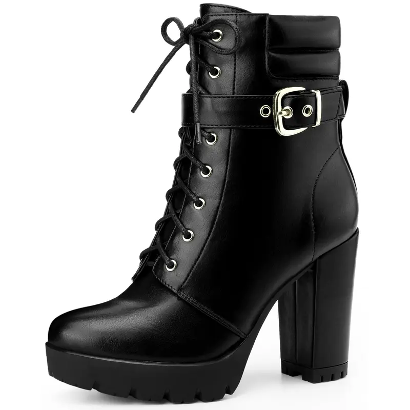 BLISSFUL STEP Women Platform Lace Up Chunky Heel Buckle Ankle Combat Boots Black