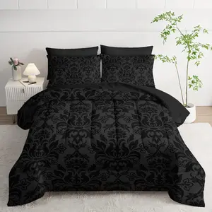 Black Grey Comforter Set Queen Size,7 Piece Damask Bedding Set Boho Paisley Comforter Set Gothic Vintage Floral Bed Set Elegant Victorian Baroque Comforter with Flat Fitted Sheet 4 Pillowsham
