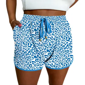 Blue Leopard Elastic Waistband Lace up Contrast Trim Casual Shorts for Women Stylish Leopard Print Design Comfortable Fit - Bottom, Womenswear
