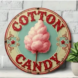 Vintage Aluminum Cotton Candy Round Sign 8 Inch Pink Retro Wall Art for Bedroom Bar Cafe Home Decor