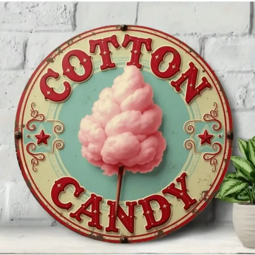 Vintage Aluminum Cotton Candy Round Sign 8 Inch Pink Retro Wall Art Decoration for Bedroom Bar Cafe Home Decor