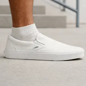 Vans Mens Classic Slip‑On Canvas Sneakers, Triple White, VN000EYEW00, / Zapatillas Vans Classic Slip-On de lona para hombre, color blanco triple, VN000EYEW00 Casual Athletic Walking Shoes