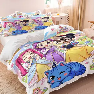 K-pop Style Cute Chibi Princess Duvet Cover Set, 1 Duvet Cover + 1/2 Pillowcases, No Core, Pastel Fairytale Print, Ultra-Soft Breathable All-Season Bedding, Perfect for Girls Bedroom & Dorm Decor