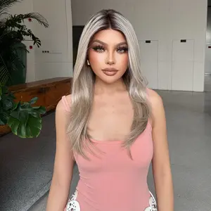 [*Stella] DWY New Mono Wig Mid Length Free Part Curly Platinum Blonde Hair Wig with Dark Root for Women SWMN1025-1BL20