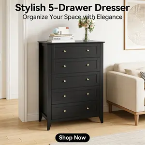 LH-Modern 5-Drawer Dresser for Bedroom Storage Chest of Drawers with 8 Fabric Bins Steel Frame Wooden Top Cabinet Clothes Closet Space Saving Living Room Hallway Office Black