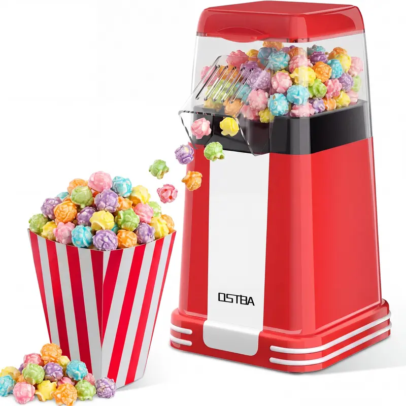 OSTBA Corded Mini Retro Oil-Free Hot Air Popcorn Maker, 1200W Power Fast Popping Machine, Up to 12-Cup Energy Efficient Electric Popper with Butter Tray, 1-Button Control, Compact for Home, Dorms & Gifting, Quick Wipe Clean