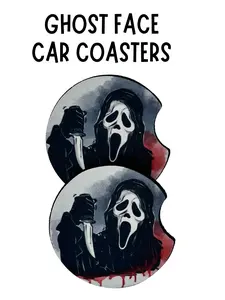 Ghost Face Halloween Foam CAR COASTERS Handmade with Sublimation Unique Design Long Lasting Durable & Easy to Clean 2.75IN x 0.2IN Decor Automotive Vehicle
