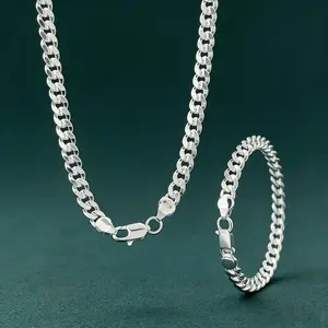 2pcs/set Luxury 925 silver-plated 7mm Cuban Necklace set, UnisexEngagement Accessories Jewelry 50-60cmFestive Christmas couples gift High-qualitysouvenir (Comes with a beautifully packaged bag)