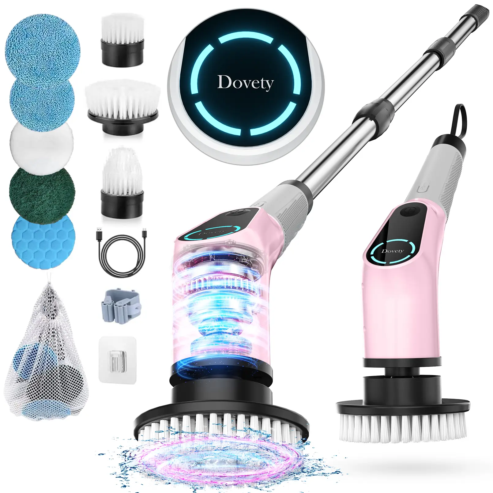 Dovety Cleaning Brush Electric Spin Scrubber, Cordless Shower Scrubber, , with 4 Replaceable Brush Heads 3 Adjustable Extension Handle, 2 Adjustable S