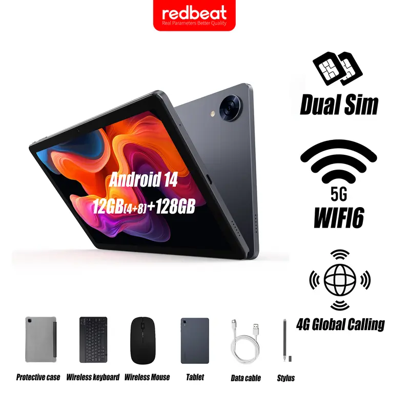 Redbeat Android 14 A2 Tablet, 12GB(4+8)RAM+128GB ROM+1TB Expandable, 10.1-inch Android 14 Tablet, Portable for Work Home Game, Octa-Core Processor, 6000mAh Battery, 1280 * 800 HD Screen,5MP+8MP Bluetooth/WiFi Dual SIM Talking Tablet