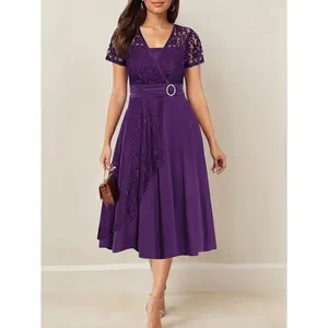 Elegance Purple V-Neck Midi Dress, Contrasting Lace Detailing, Asymmetric Hem and Belt – Women’s Short-Sleeve Polyester Blend, Perfect for Parties and Formal Events, Chic Elegant Women’s Wear