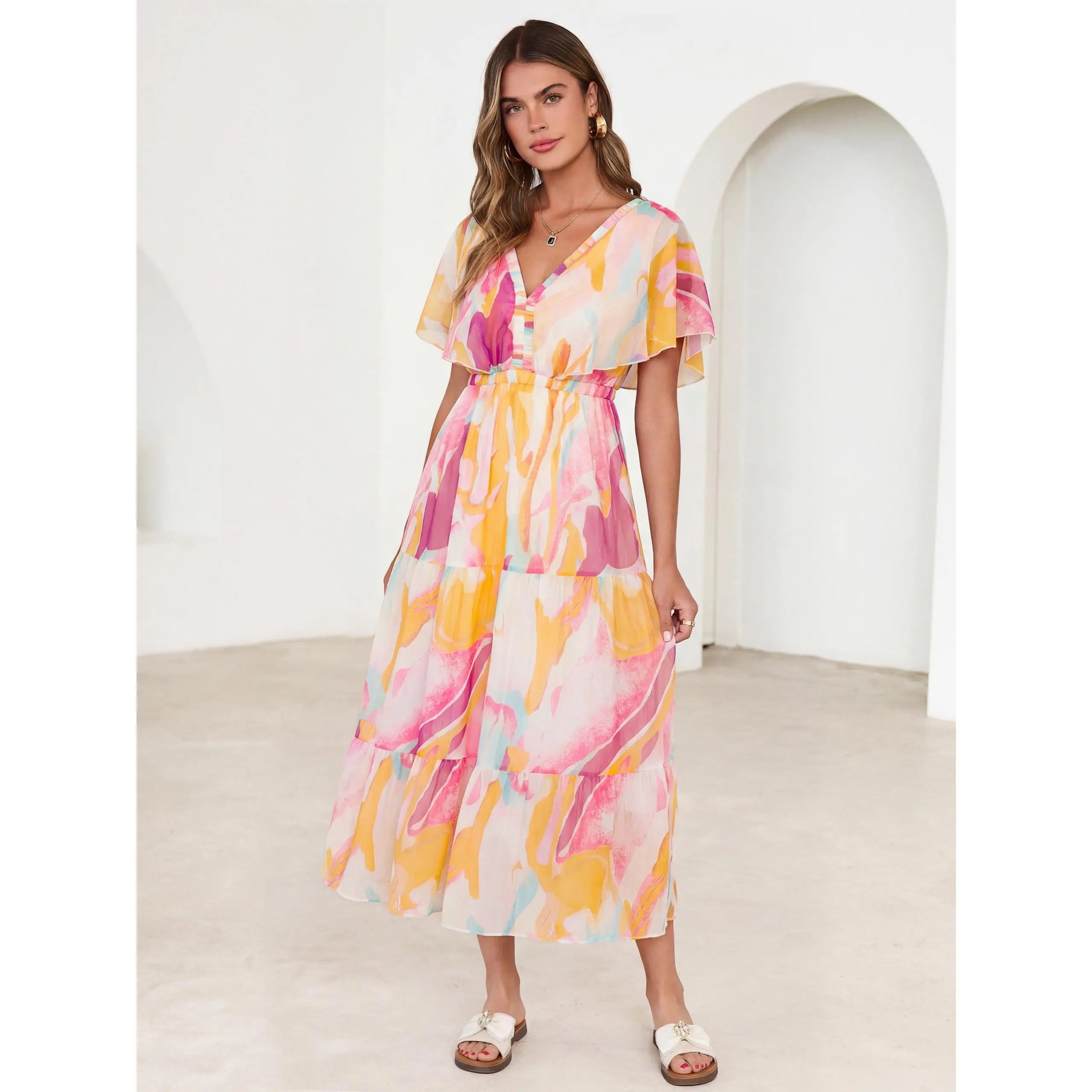 Simplee Womens Flutter Ruffle Sleeve Maxi Dress | Floral Boho Beach Wedding Guest Dresses | Elegant V Neck Flowy Holiday Long Gown