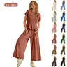 SCUSTY Women's 2-Piece Smocked Top and Wide-Leg Pants Set High-Waisted Lounge Outfit with Pockets Casual Boho Summervibes Matching Set Minimalist Basic Kleinblue Crewneck Clothes Suits Fitted Trouser