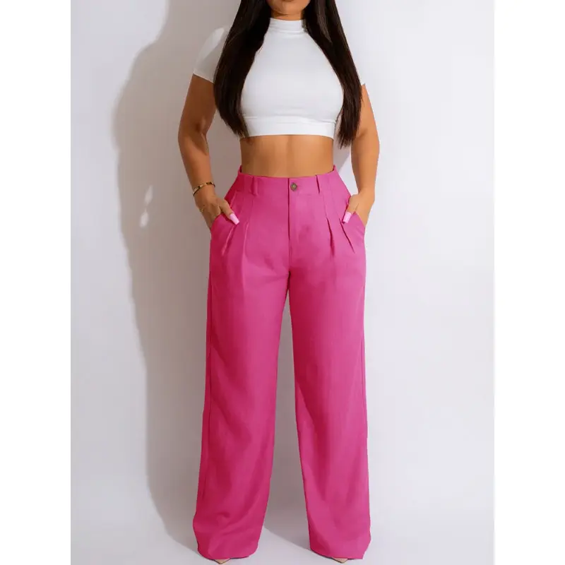 Women's Casual Check Trousers, High Waisted Pleated Wide Leg Culottes with an Elastic Waist, Button Detail, and Pockets, Lady