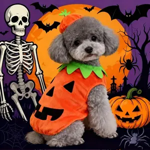 Small Dog & Cat Costume Set - Plush Winter-Ready Pumpkin Outfit with Headgear, Pomeranian/Schnauzer/Poodle-like Jacket, Machine-Washable Soft Dog Clothes for Halloween Parties & Photo Shoots (No Collar/Leash)