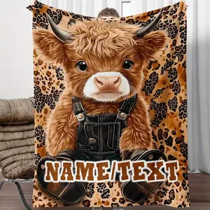 Custom Highland Cow Set Design Flannel Blanket, Digital Printing, Soft, Warm, Lightweight, Tear-Resistant, Knitted Polyester, with Personalized Name Text, Suitable for Sofa, Bed, Travel, Office - All-Season Fashion Style