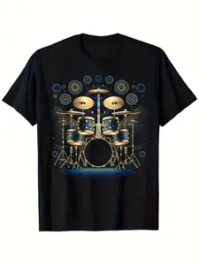 Men'S Drum Kit Percussionist Graphic T-Shirt - 180G Heavyweight 100% Black Music Band Tee with Drum Set & Sound Wave Print, Round Neck Short Sleeve for Drummers, Musicians