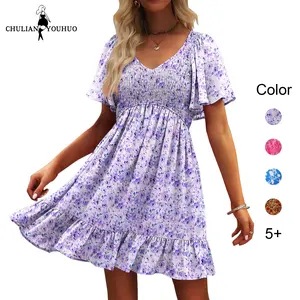 Chulianyouhuo 2026 Womens Cute Smocked V Neck Flutter Sleeve Mini Bohemian Dresses with Pockets Casual Flowy Summer Sundress for Women Vneck Womenswear