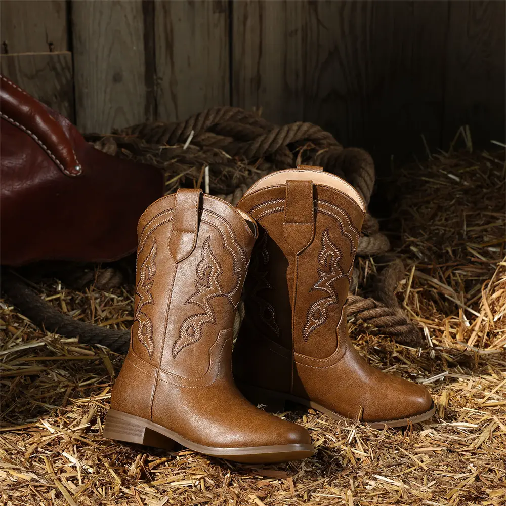 Pasuvo Kids' Classic Western Cowboy Boots – Durable Brown Mid-Calf Design with Intricate Embroidered Stitching, Slip-On Style for Easy Wear, Comfortab