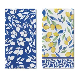 Italian Capri Blue Lemon Kitchen Dish Towels Set of 2, Amalfi Coast Italy Tile Pattern Citrus Drying Hand Towel Baking Cooking Cloth, Summer Mediterranean Bathroom Home Decoration 16'' x 24''