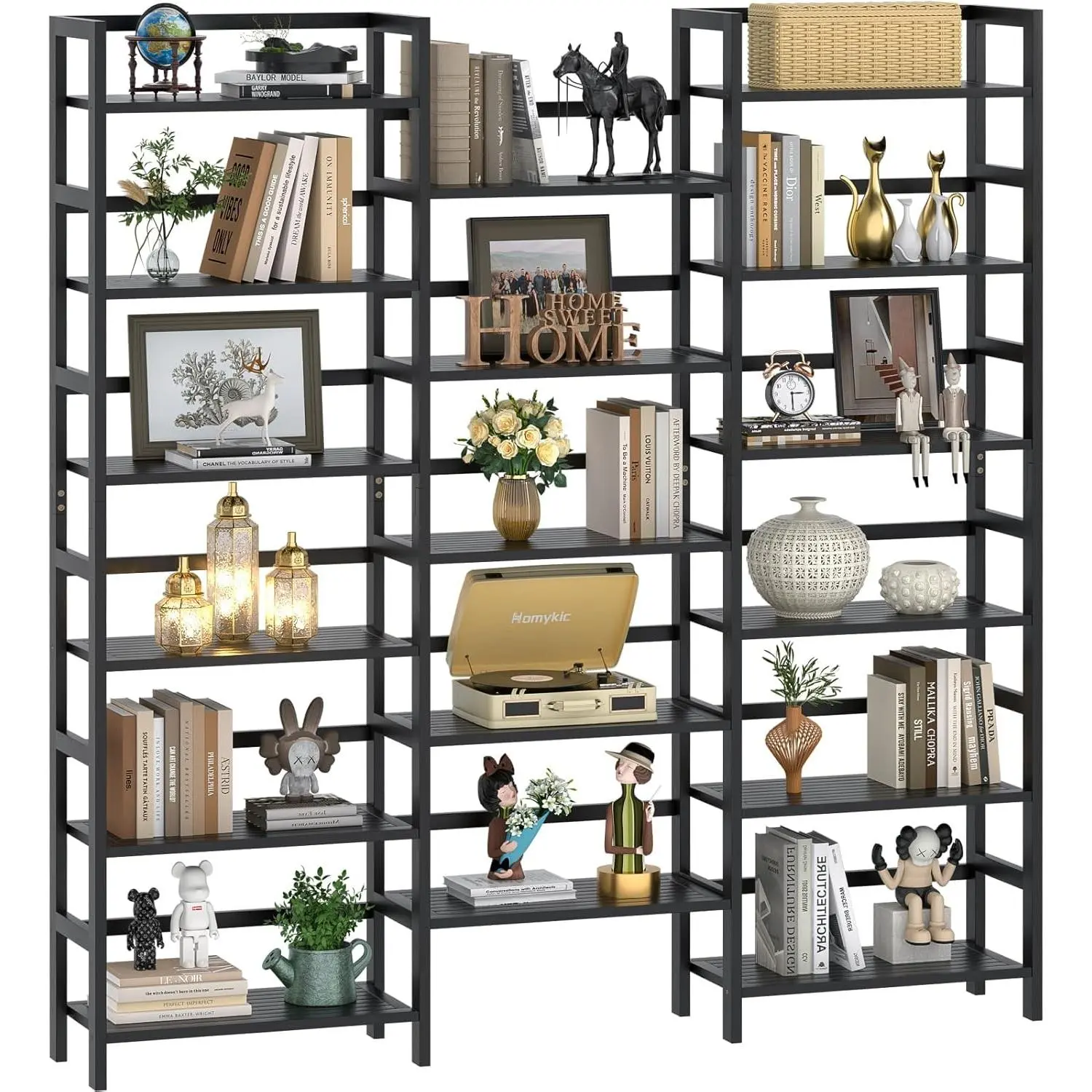 Homykic Bamboo Triple Wide Shallow Bookshelves and Bookcases, 6-Tier 6ft Tall Bookshelf with 17 Open Display Shelves, Super Large Freestanding Book Shelf for Home Office, Bedroom, Living Room, Black