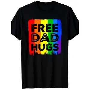 Men's 100% Cotton Round Neck Shortsleeve Graphic Tee - LGBT Pride Flag Print, Proud Dad Free Mom Hugs Design, Comfort Fit, Ultra Soft, Breathable, Moisture Wicking, Retro Casual Menswear Summer T-Shirt