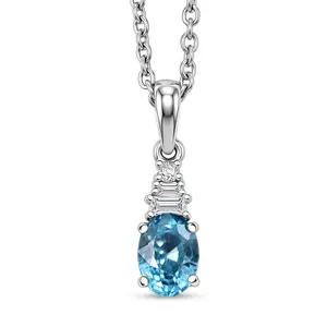 n Blue Zircon and Moissanite 1.40 ctw Pendant in Rhodium Over Sterling Silver with Stainless Steel Necklace 20 Inches