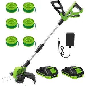 12 Inch 20V Cordless Weed Wacker with Automatic Line Feed, 2 in 1 String Trimmer and Edger, Includes 2 X 2.0Ah /1 X Charger/6 X Replacement Spools, Weed Eater for Lawn, Garden, etc