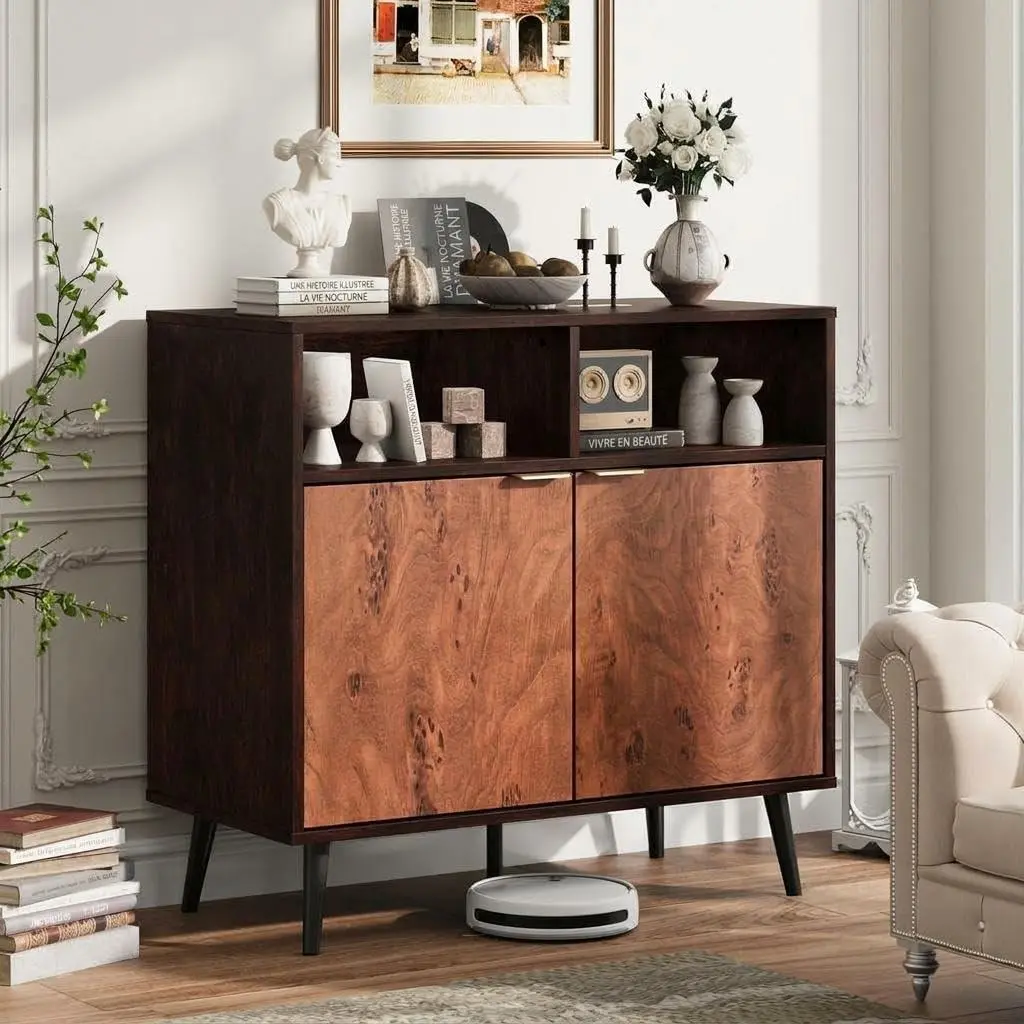 Mid Century Modern Walnut Wood Buffet Cabinet, 31.5-Inch Large Rectangular Modern Sideboard with Drawers and Legged Base