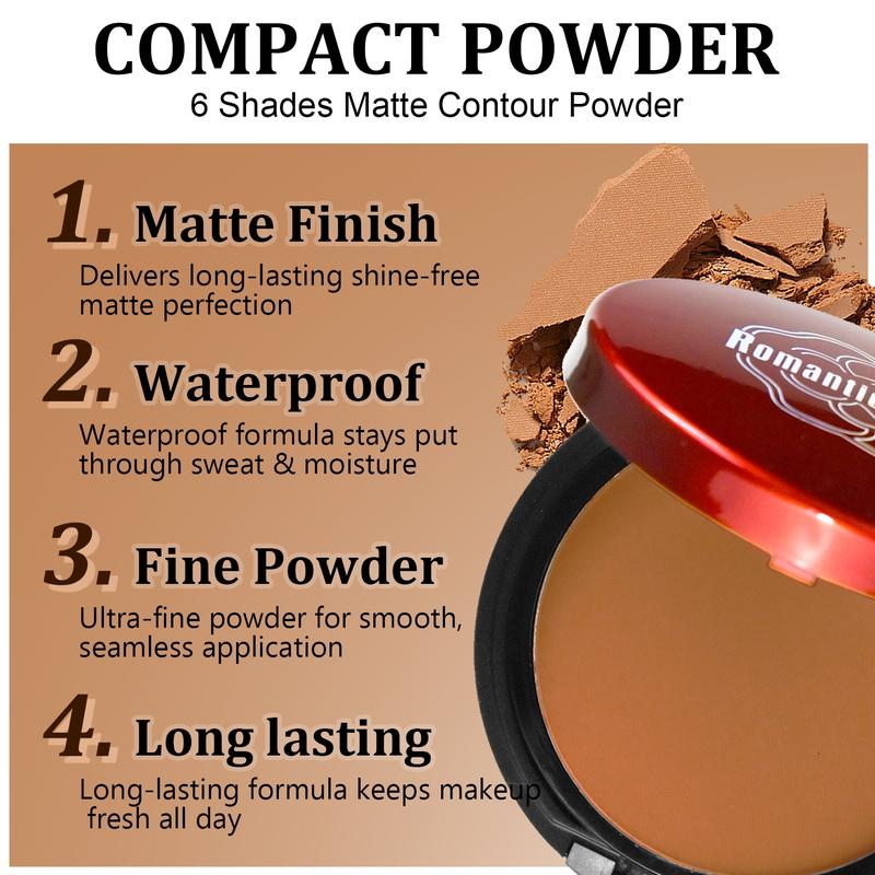 6 Shades Dark Matte Pressed Powder, Face Makeup Beauty Powder Cake Waterproof Long Lasting Skin Friendly Contour Compact Powder