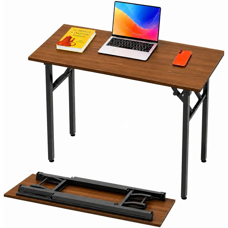 Walnut Rectangular Pre-Assembled Wood/Metal Small Folding Computer Desk - 35.8" Portable Compact Office Table, No Assembly Needed for Small Spaces, Desk for Bedroom
