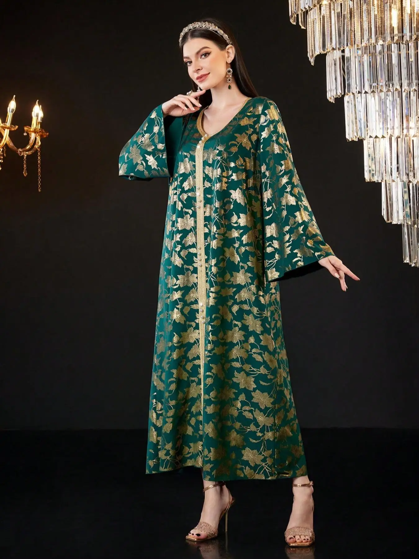 Women's Floral Print Long Sleeve Dress, Elegant Open Front Maxi Muslim Dress for Party Daily Wear, Ladies Islamic Clothing for All Seasons