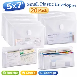 5x7-inch Small Plastic Envelopes, Pack of 20 – Clear receipt/check storage pouches with hook-and-loop closures, waterproof and tear-resistant, ideal for organizing invoices, bills, documents, and small parts; reusable document sleeves