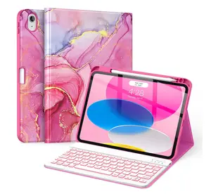 for iPad (A16) 11th/10th Generation Case with Keyboard(2025/2022)-7 Color Backlight Wireless Detachable Folio Keyboard Cover with Built-in Pencil Holder for iPad 11/10.9 inch, HotPink Marble