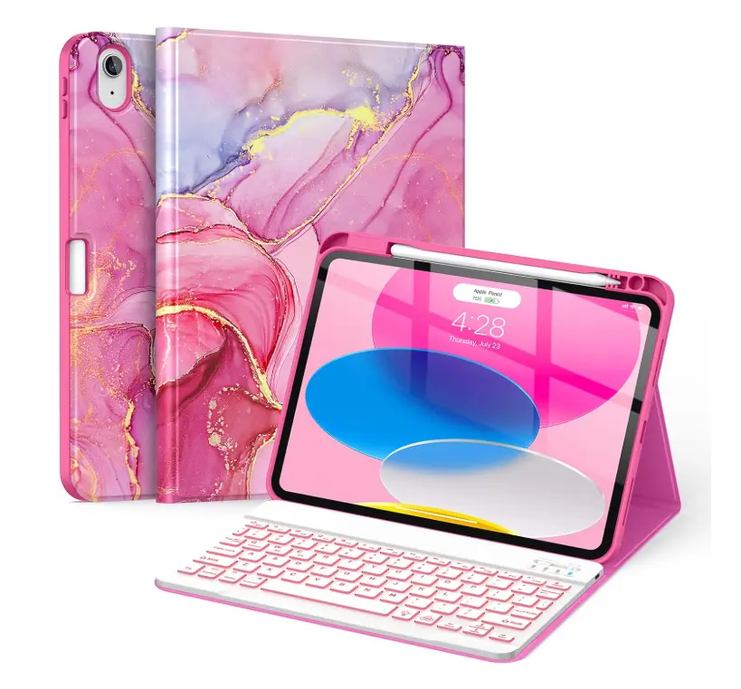 for iPad (A16) 11th/10th Generation Case with Keyboard(2025/2022)-7 Color Backlight Wireless Detachable Folio Keyboard Cover with Built-in Pencil Holder for iPad 11/10.9 inch, HotPink Marble