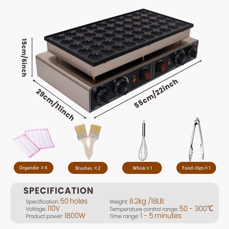 Commercial Mini Pancake Maker, Stainless Steel Pancake Maker Machine with Waterproof Switch & Even Heating, 110V Non-Stick Dutch Pancake Baker for Fast Cooking, Coffee Shop, Party (50pcs)