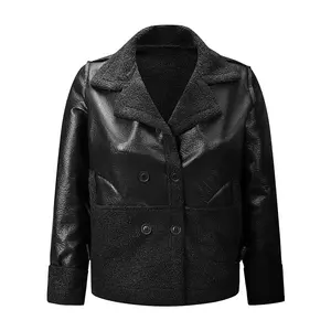 Women’s faux leather patchwork plaid jacket — double-breasted design, plush lapel short winter coat, fashionable street-style outerwear top
