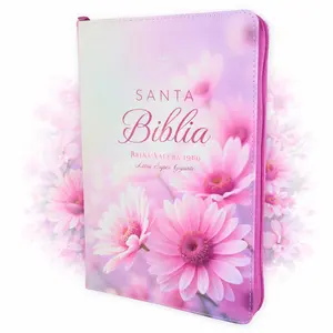 Biblia  para Mujer con Cierre Letra Super Gigante 19 puntos Mediana RV1960 imit piel duotono blanco y rosa margaritas con indice y canto floral