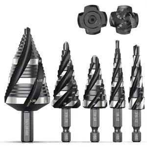 Four Spiral Flute Step Drill Bit Set, 5 Pcs HSS Step Drill Bits (1/8"-1-3/8") Unibit Step Drill Bit, 1/4" and 3/8" Shank Step Bits for Aluminum, Wood, Plastic, Metal
