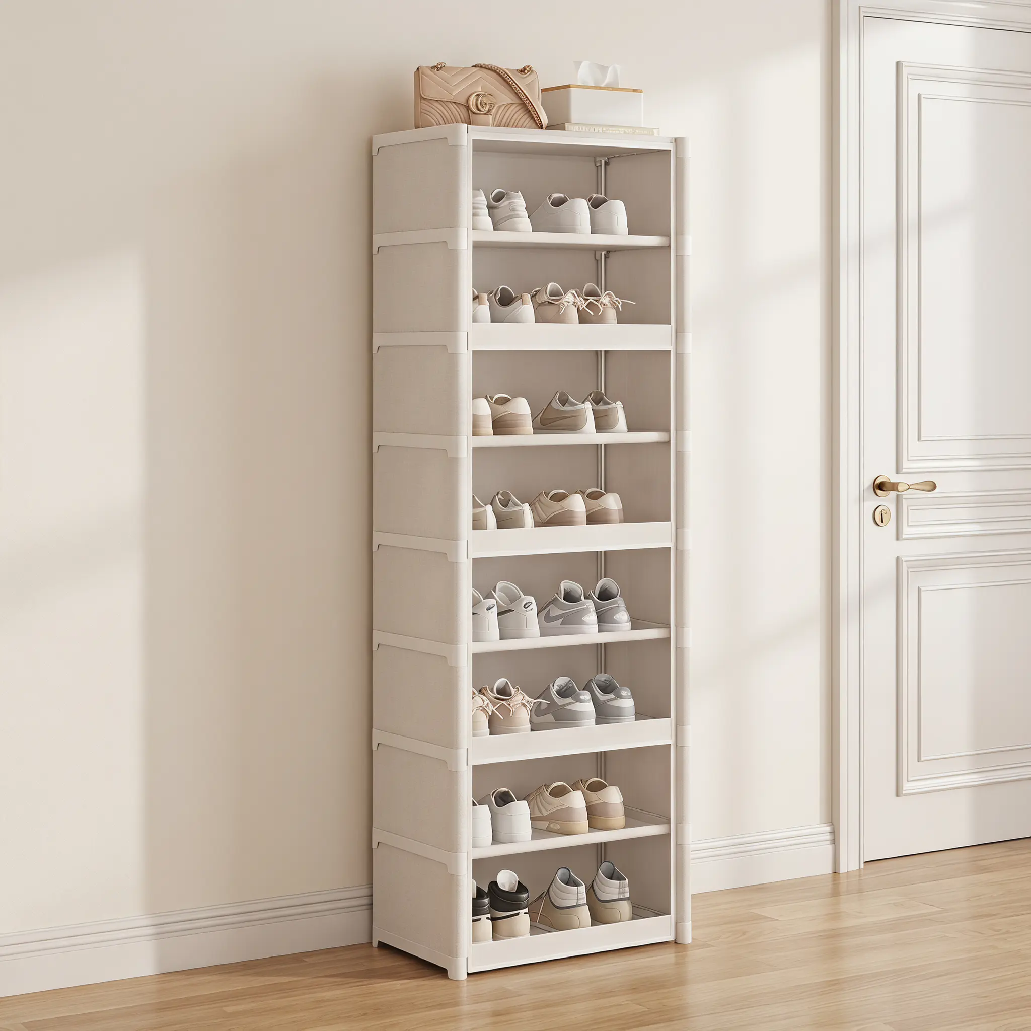 【SummerWins】Minimalist 9-Tier Steel Shoe Rack Cabinet with PET Flip Doors & Shelves, Dustproof Free-Standing Vertical Organizer, 42cm Width Space-Saver for Entryway, Holds 16-18 Pairs of Shoes, White