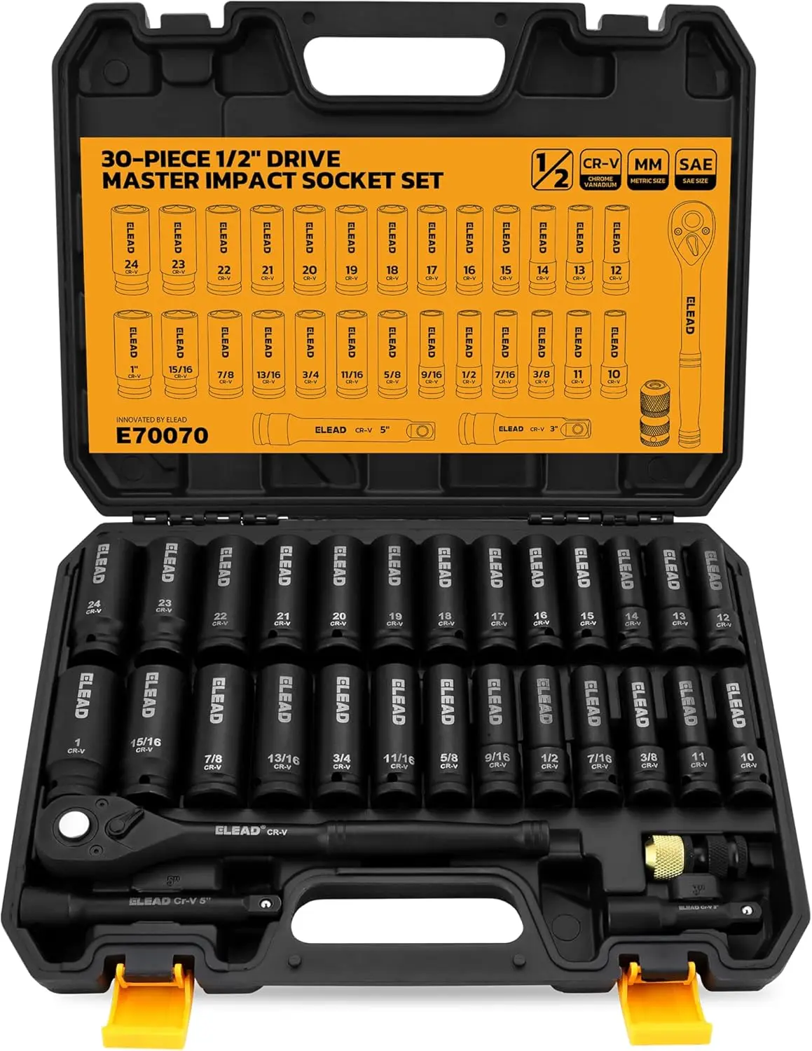 1/2" Drive Deep Impact Socket Set: 30-Piece Standard SAE (3/8 to 1 Inch) and Metric (10-24mm) Size , 3" and 5" Drive Extension Bar, Ratchet Handle, Bit Adapter, CR-V Steel for  Home & Garage Auto Repair