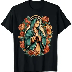 Luxury Cotton Short Sleeve T-Shirt Featuring Virgin Mary Prayer and Bright Orange Roses Elegant Vintage Casual Style
