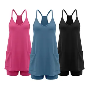 Women's Summer Sleeveless Mini Dress V Neck Spaghetti Straps Athletic Built-in Shorts Sundress SummerVibes