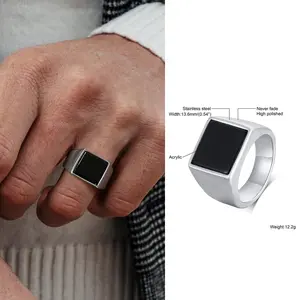 Ring for Men, Stainless Steel Square Signet Ring, Black Enamel Men's Pinky Rings