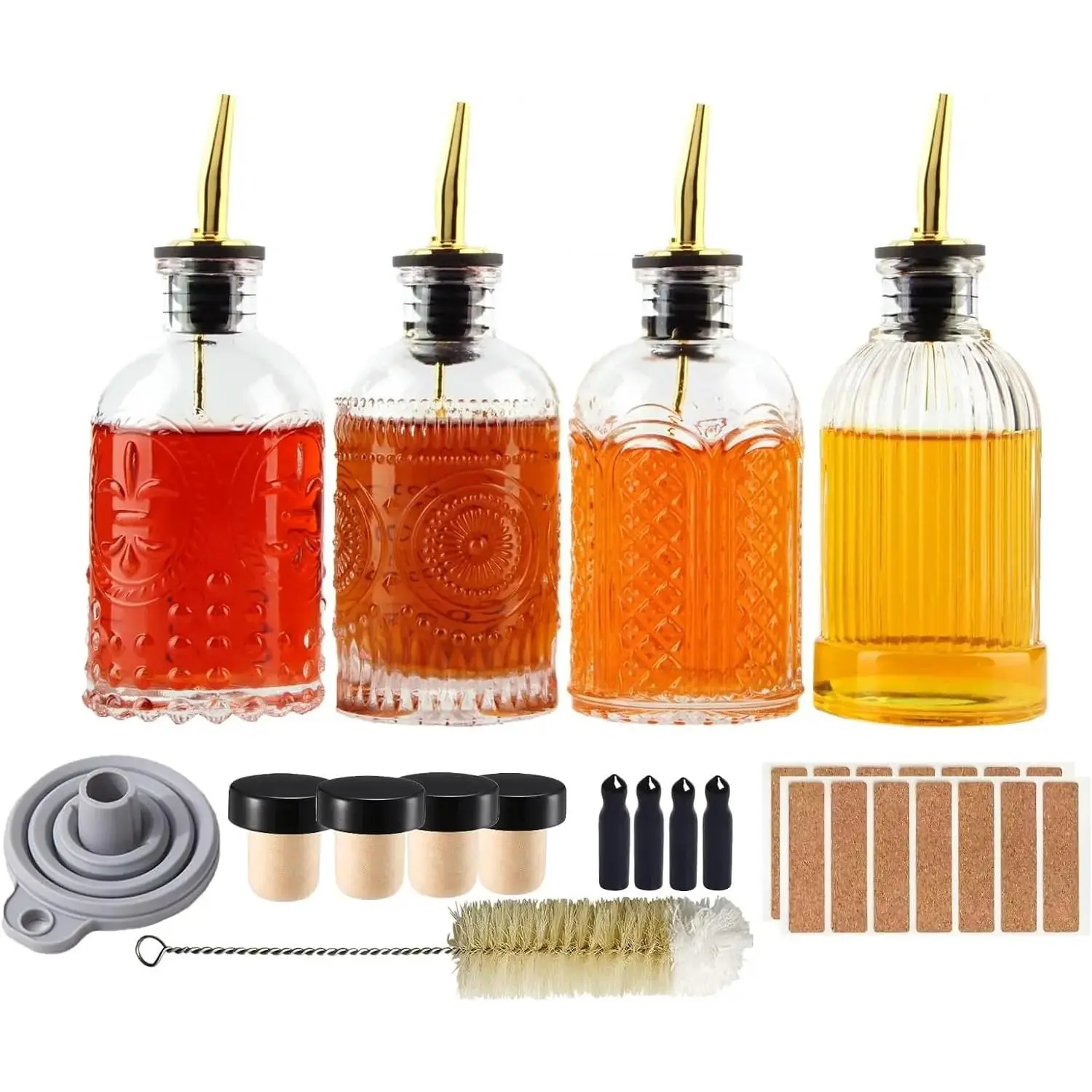 Glass Syrup Dispenser Bottles Set with Wooden Brush, 4-Pack 7 oz Bottles with Stainless Steel Pour Spouts and Labels for Syrups, Cover