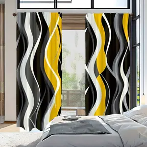 2pc striped line art, yellow, white and black geometric abstract print curtains, Window Curtain, perfect as a gift for friends, suitable for bedrooms, living rooms, kitchens, cafes, hotels for home decoration