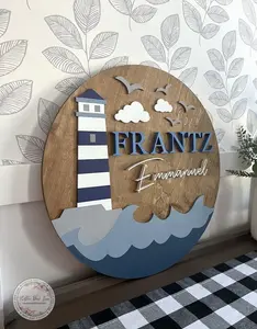 Lighthouse Name Sign, Nautical Nursery theme, Round 3D Nursery Name Sign, Custom Name Sign, Kids Bedroom Decor, wooden nursery name sign